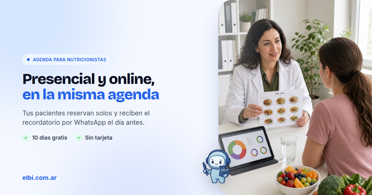 Agenda presencial y online para nutricionistas con Elbi, en una sola grilla.