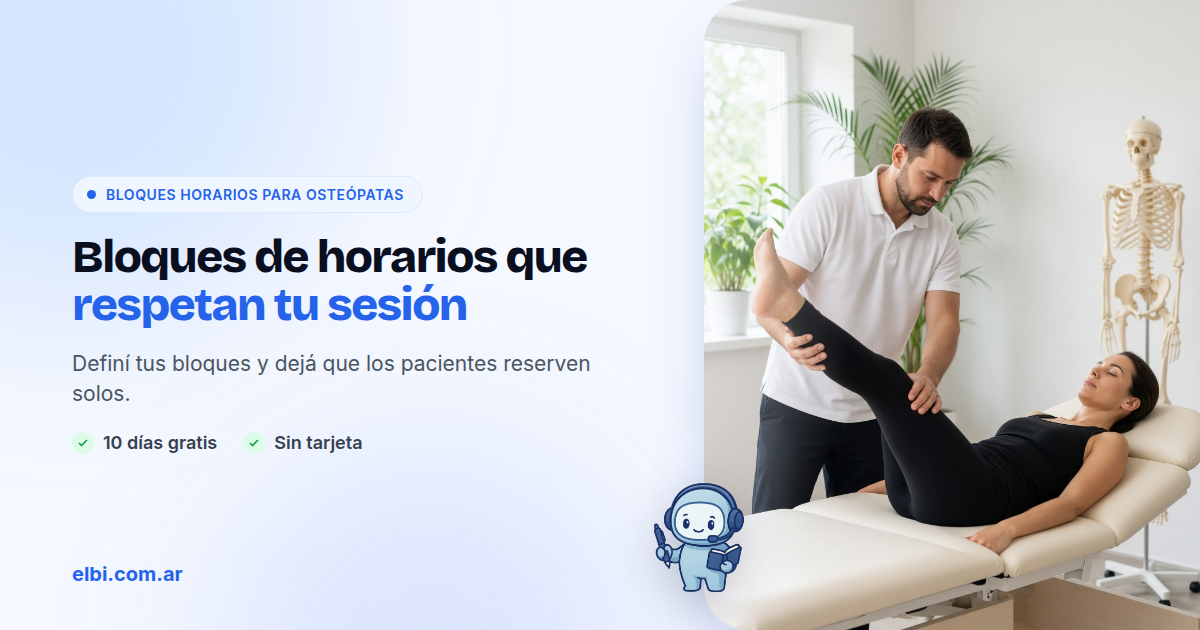 Bloques de mañana y tarde para osteópatas en Elbi, sin turnos en el corte del mediodía.