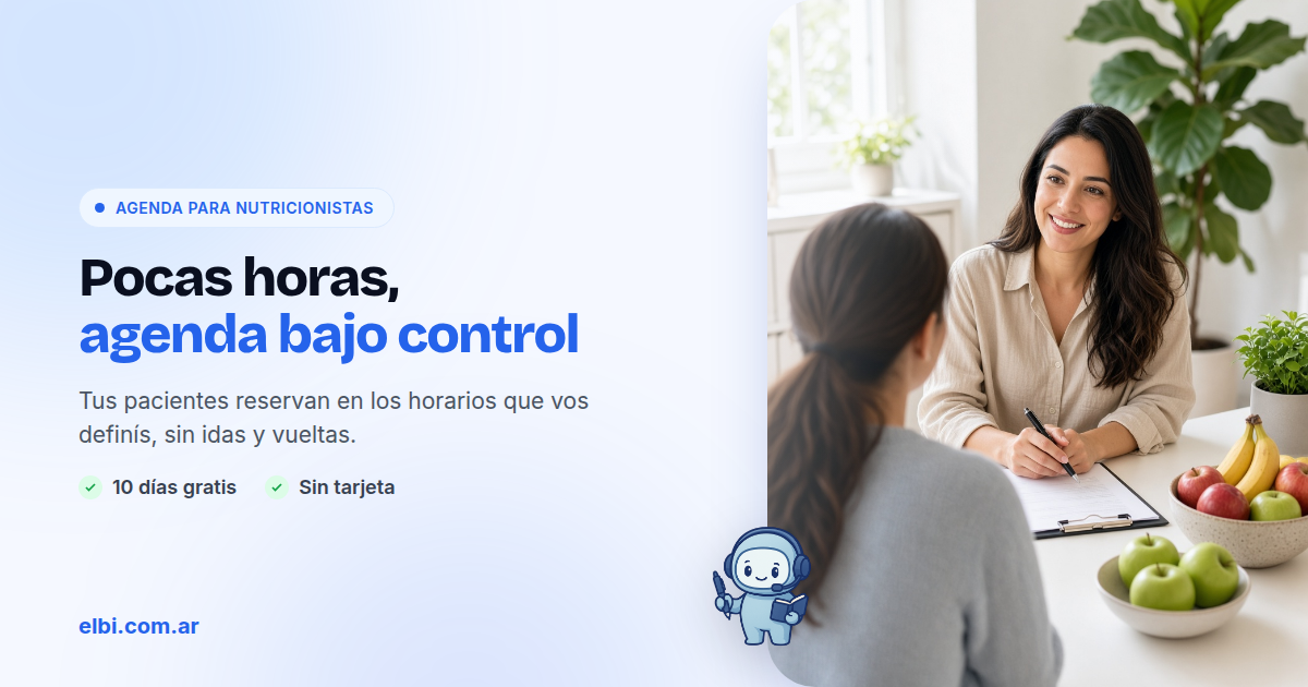 Agenda de nutricionistas con pocas horas por semana, bloques exactos en Elbi.